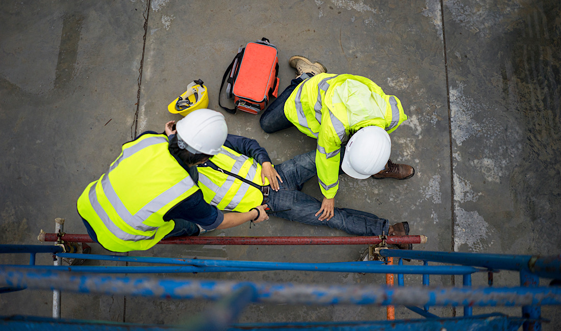 Construction worker appears to have fallen and is injured on the jobsite in Idaho.