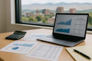 Stock photo of an office desk in Boise with financial documents, calculator, and a laptop, illustrating lost wage claims for a personal injury case.