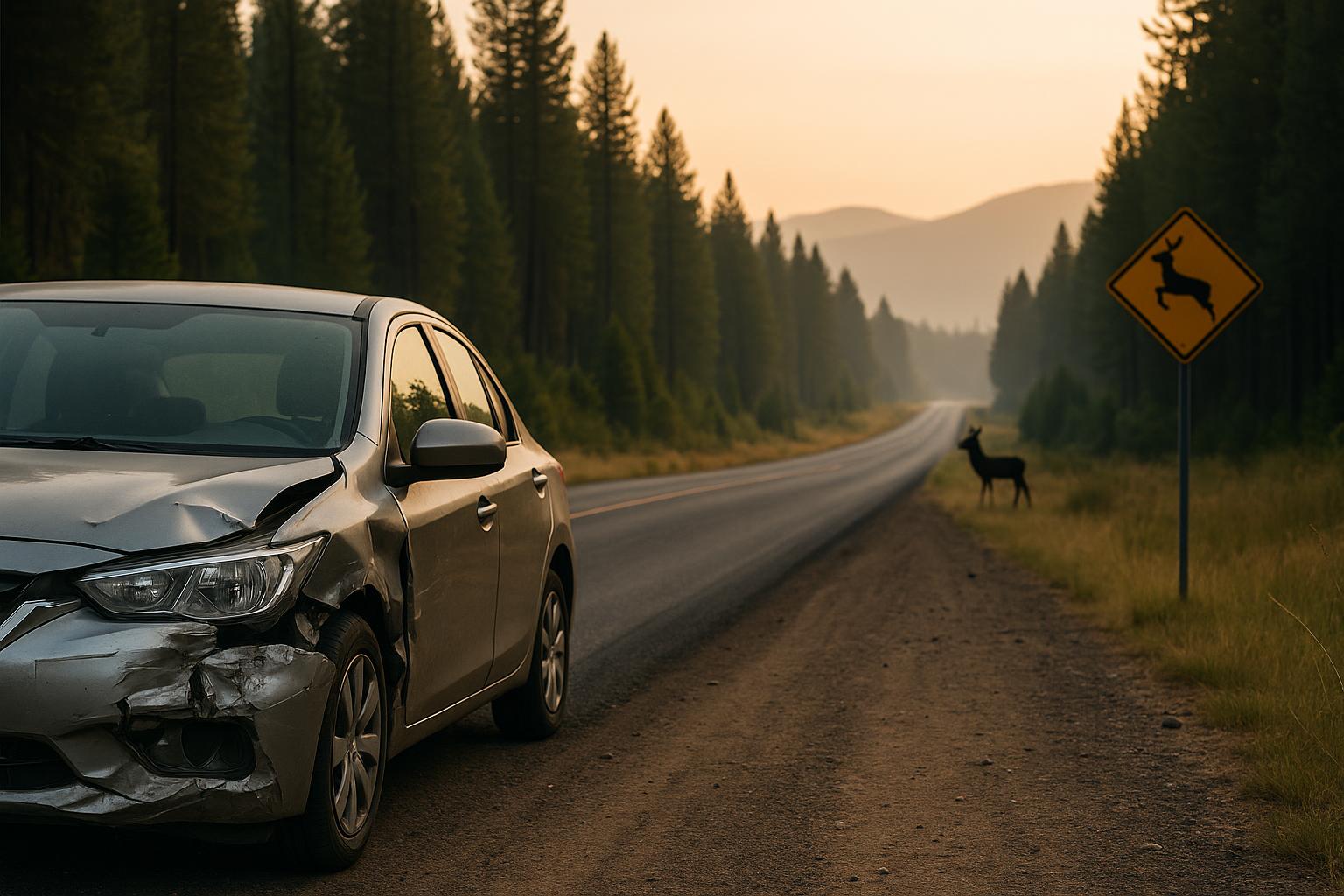 A damaged car on a rural Idaho road at dawn with a deer nearby and a wildlife crossing sign, illustrating the aftermath of a wildlife collision.