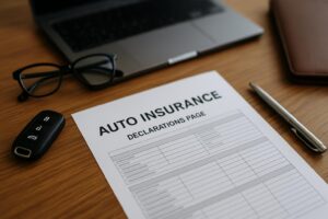 A close-up stock photo of an auto insurance declarations page on a desk with car keys, eyeglasses, and a pen, representing insurance coverage documents.