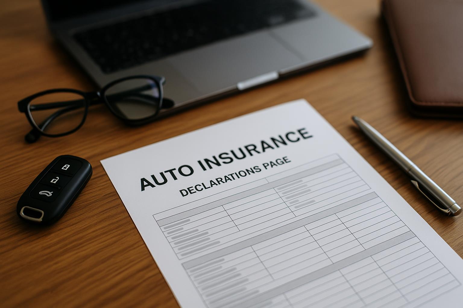 A close-up stock photo of an auto insurance declarations page on a desk with car keys, eyeglasses, and a pen, representing insurance coverage documents.