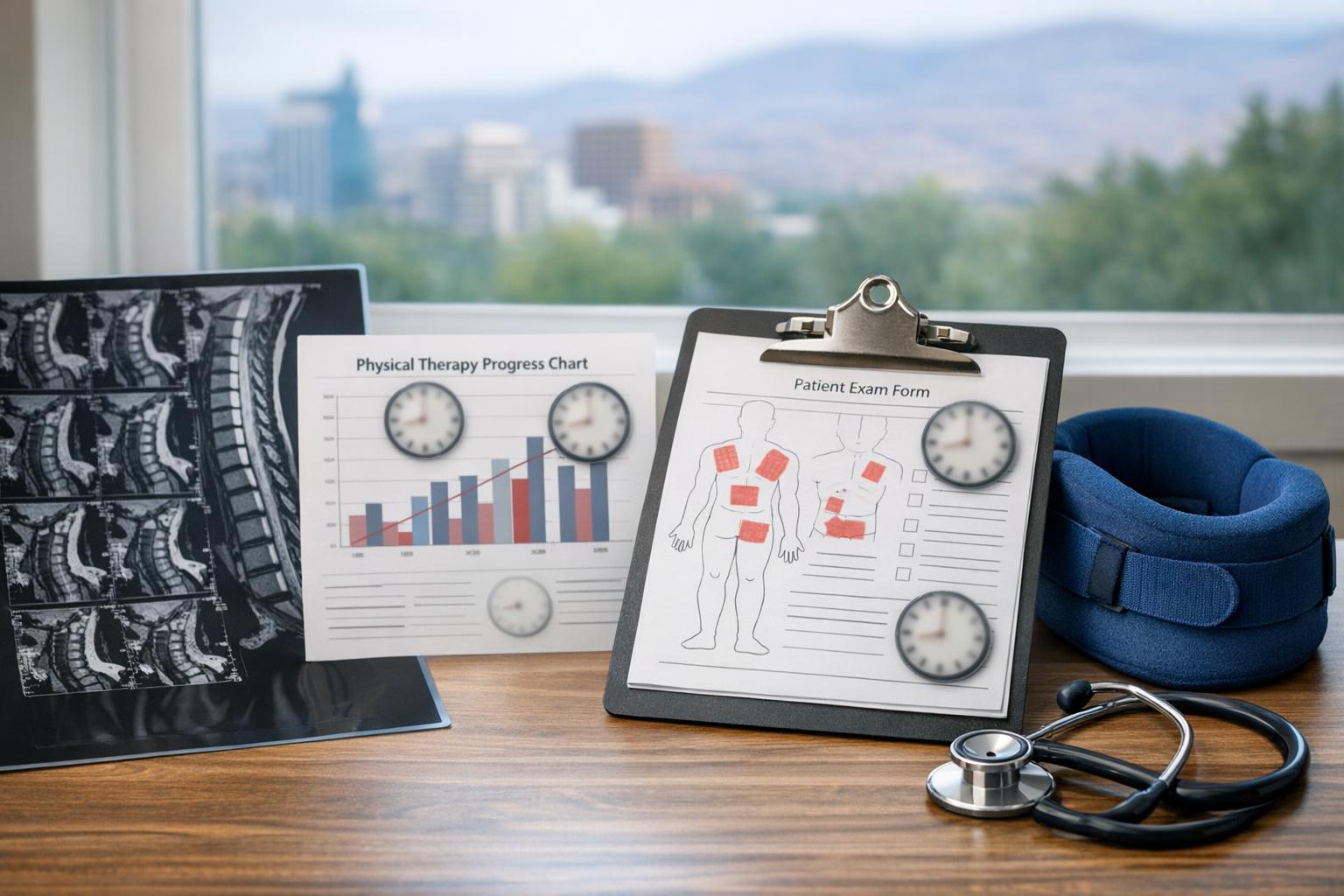 Professional stock photo showing medical documentation and spinal MRI scan related to injury proof after a Boise car accident, without any people present.