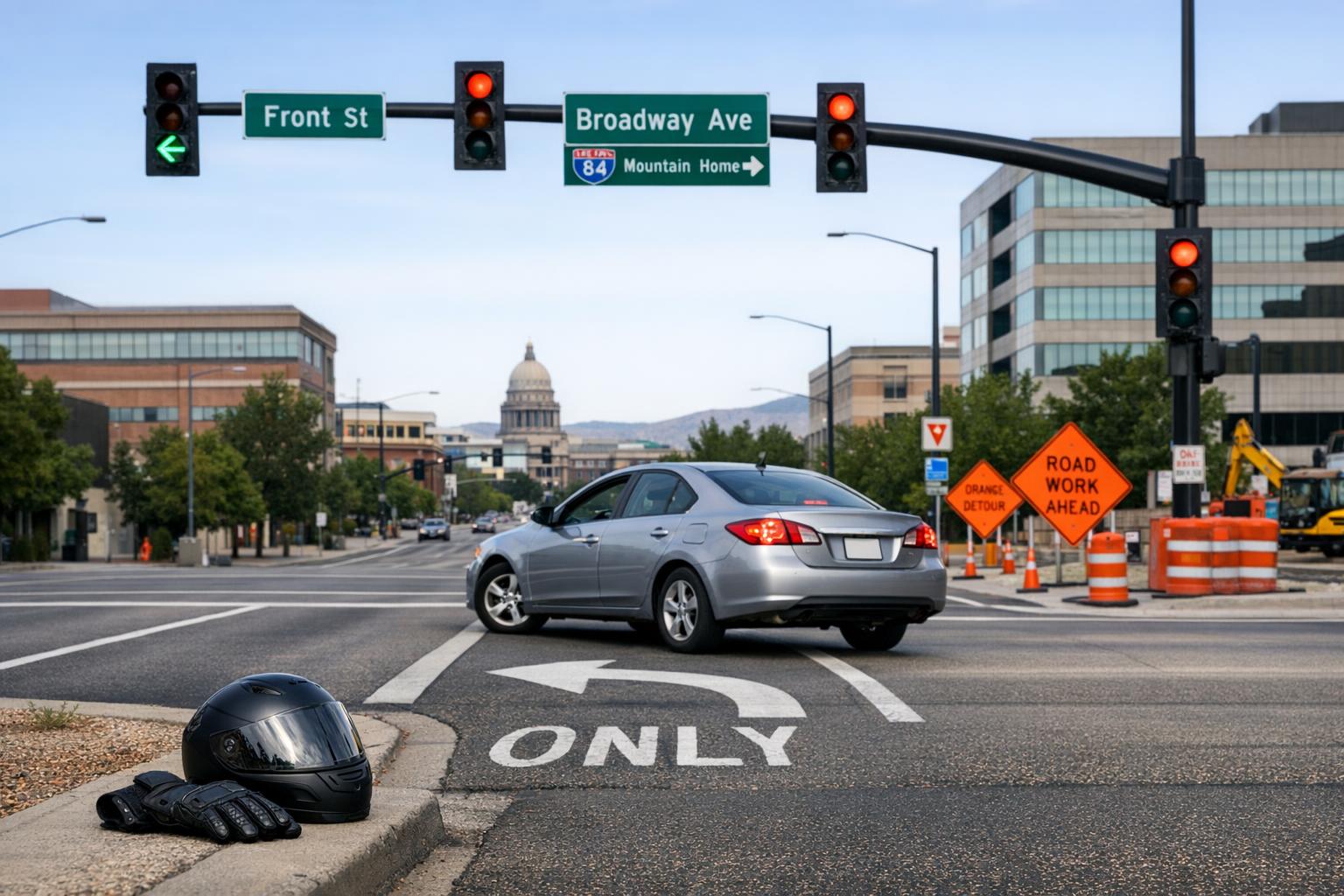 Stock photo of a Boise intersection showing left-turn lane, traffic signals, and motorcycle gear on the road, with no people visible, highlighting conditions relevant to left-turn motorcycle accidents.
