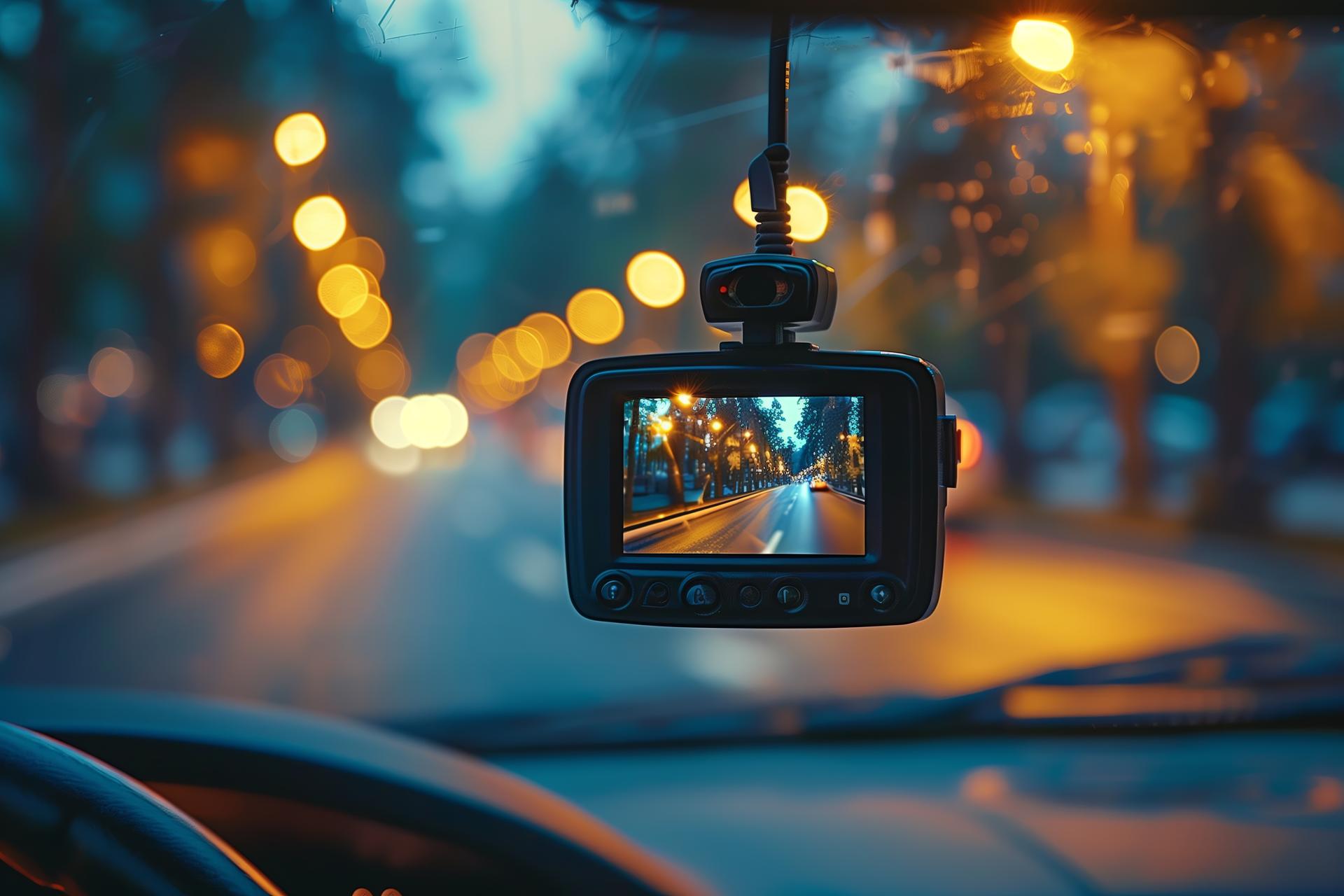 Modern dashboard camera in a car, view of road during driving