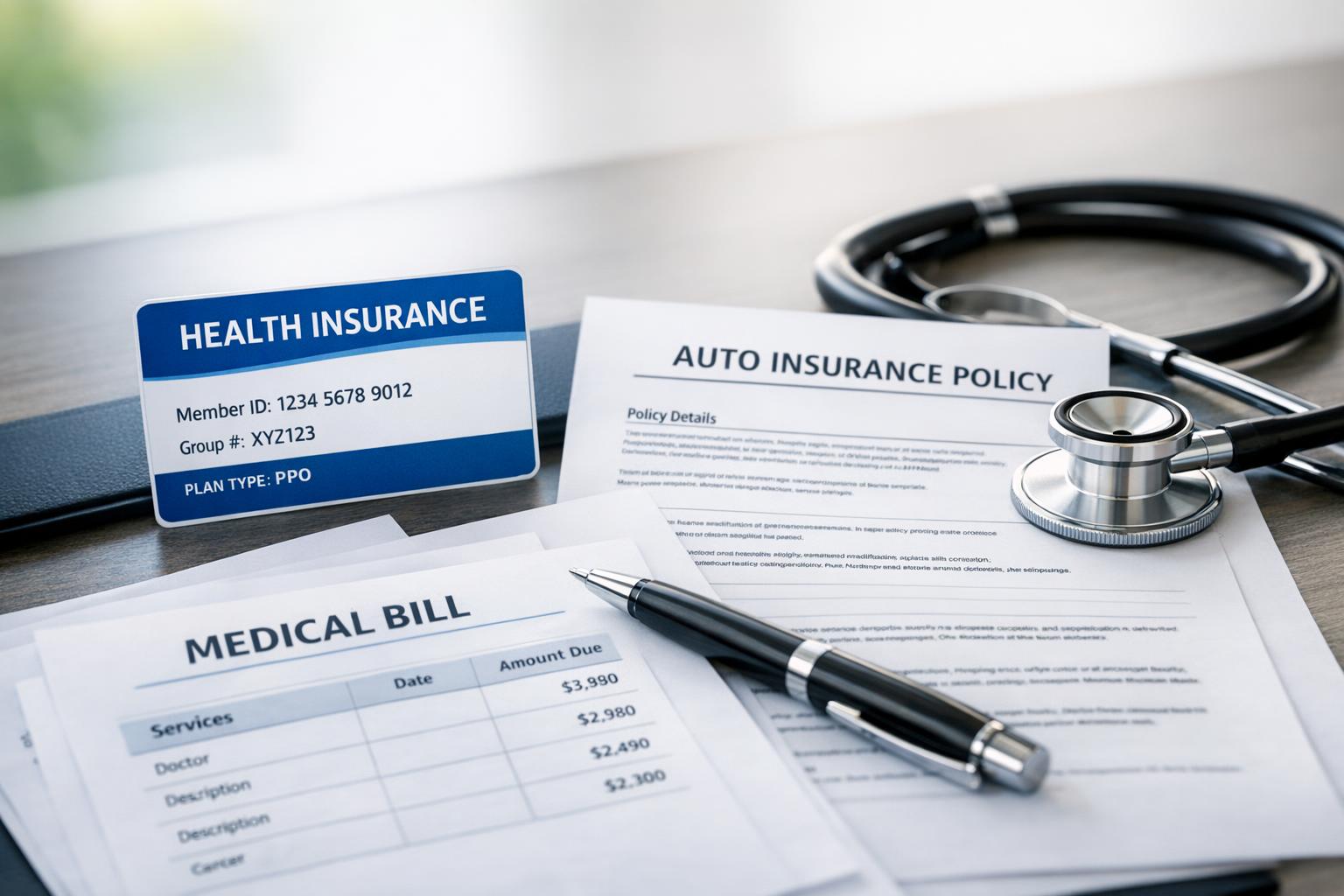 Close-up of insurance cards, medical bills, and a stethoscope on a desk, illustrating Idaho MedPay and health insurance paperwork after a car accident.