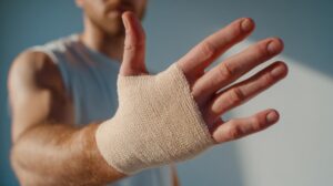 A man showcases a bandaged hand, revealing a rugged yet determined spirit. The close-up emphasizes resilience and recovery.