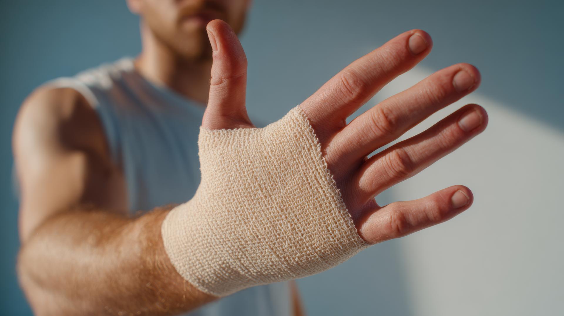 A man showcases a bandaged hand, revealing a rugged yet determined spirit. The close-up emphasizes resilience and recovery.