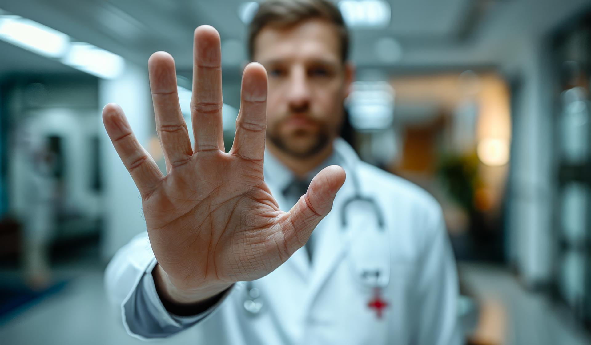 Doctor signaling in hospital hallway. A healthcare professional gestures with an open hand, requesting attention in a busy hospital corridor.