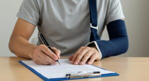 Injured man with arm in sling signing document on clipboard with pen at wooden table surface