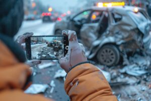 Car accident scene photographed with mobile phone aftermath in winter