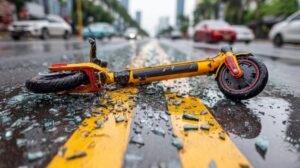 Detwined electric scooter lying on a wet road after an accident in the rain