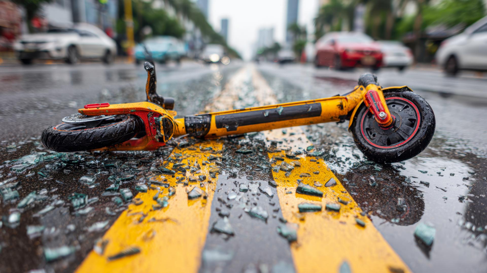 Detwined electric scooter lying on a wet road after an accident in the rain