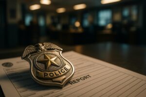 Police Badge Rests on a Report Form in a Dimly Lit Office During Evening Hours