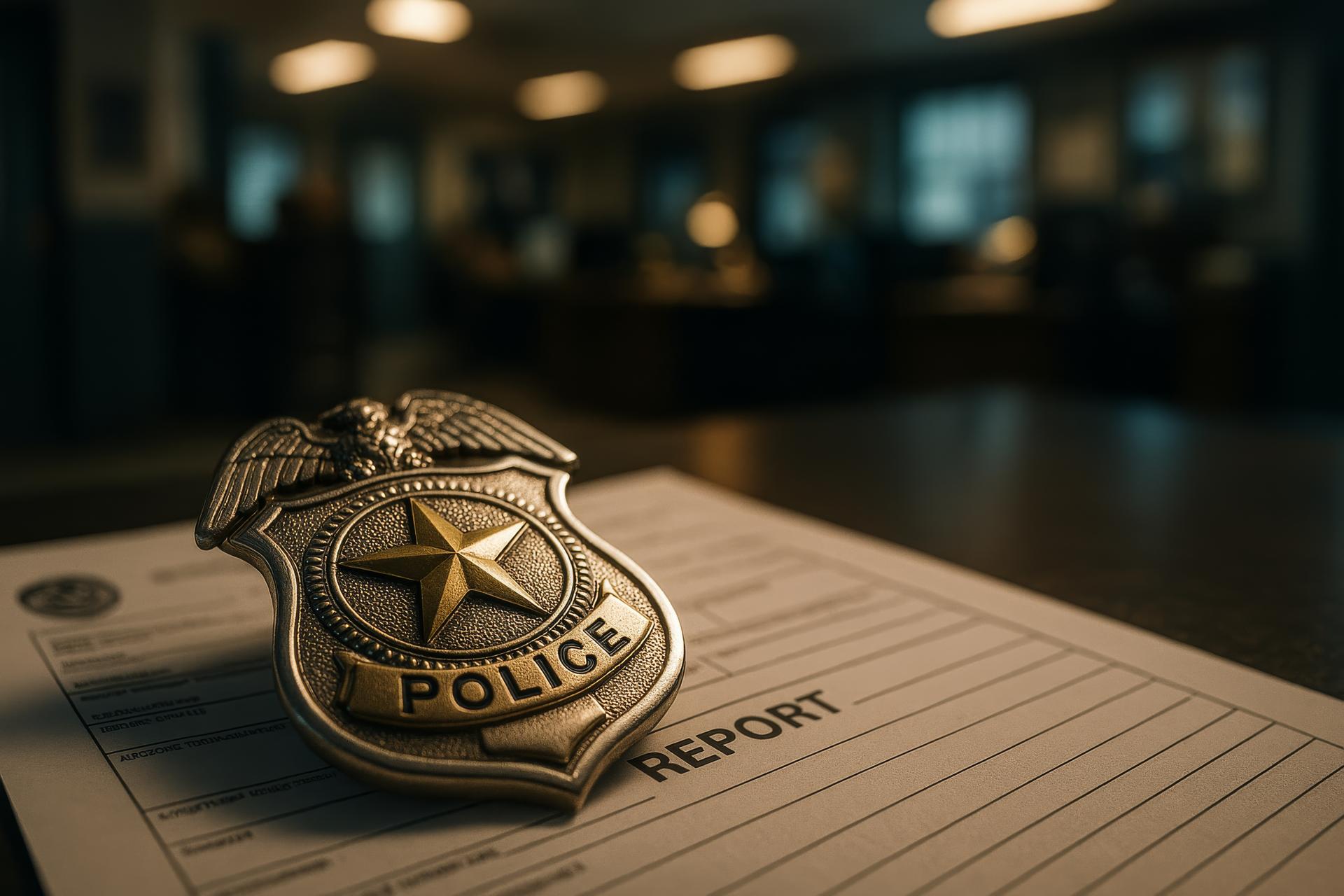 Police Badge Rests on a Report Form in a Dimly Lit Office During Evening Hours