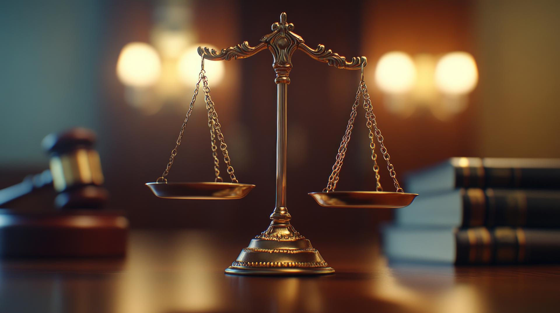 Justice scales, gavel, books, courtroom, legal