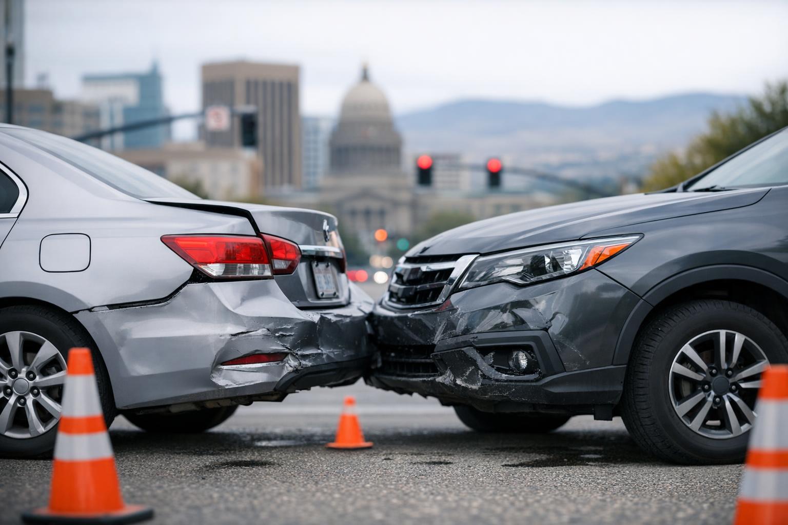 Stock photo of two cars with minor collision damage at a Boise intersection, no people, emphasizing fault dispute for car accident settlement article.