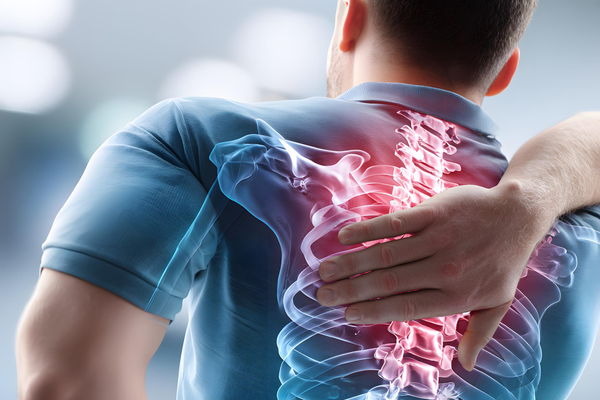 A person experiences intense back pain, touching their lower spine area with a vivid red glow indicating severe discomfort and aching.
