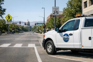 Stock photo of a government-marked vehicle parked on a Boise street with road signs, illustrating an Idaho government vehicle crash context.