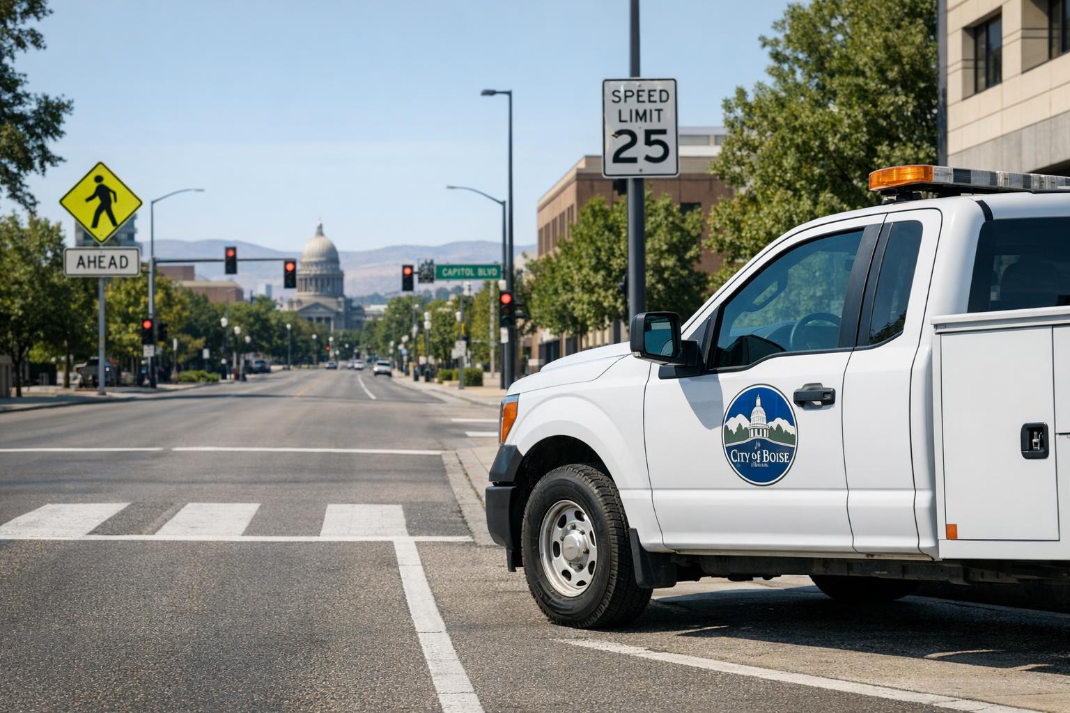 Stock photo of a government-marked vehicle parked on a Boise street with road signs, illustrating an Idaho government vehicle crash context.