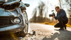 Car accident scene with a journalist documenting the damage on a rural road