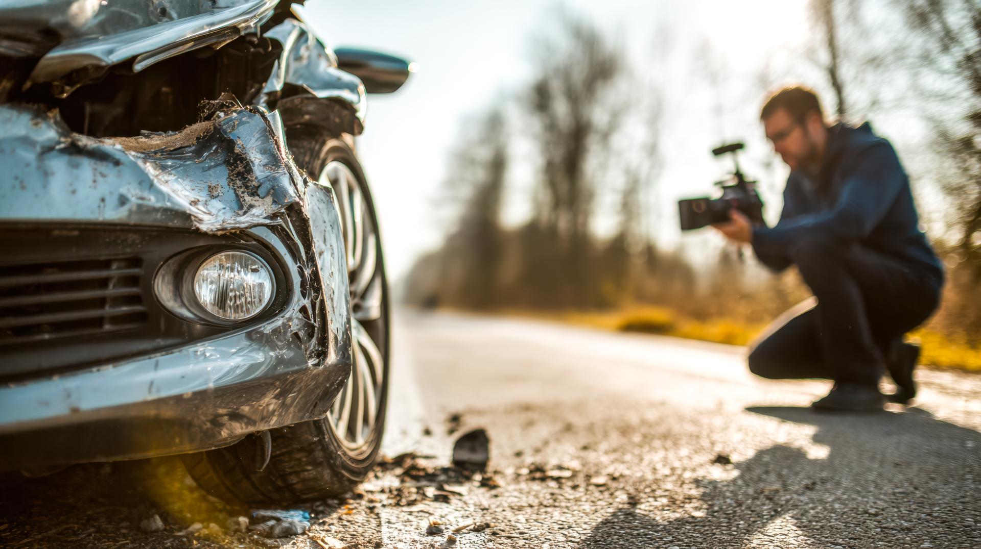 Car accident scene with a journalist documenting the damage on a rural road