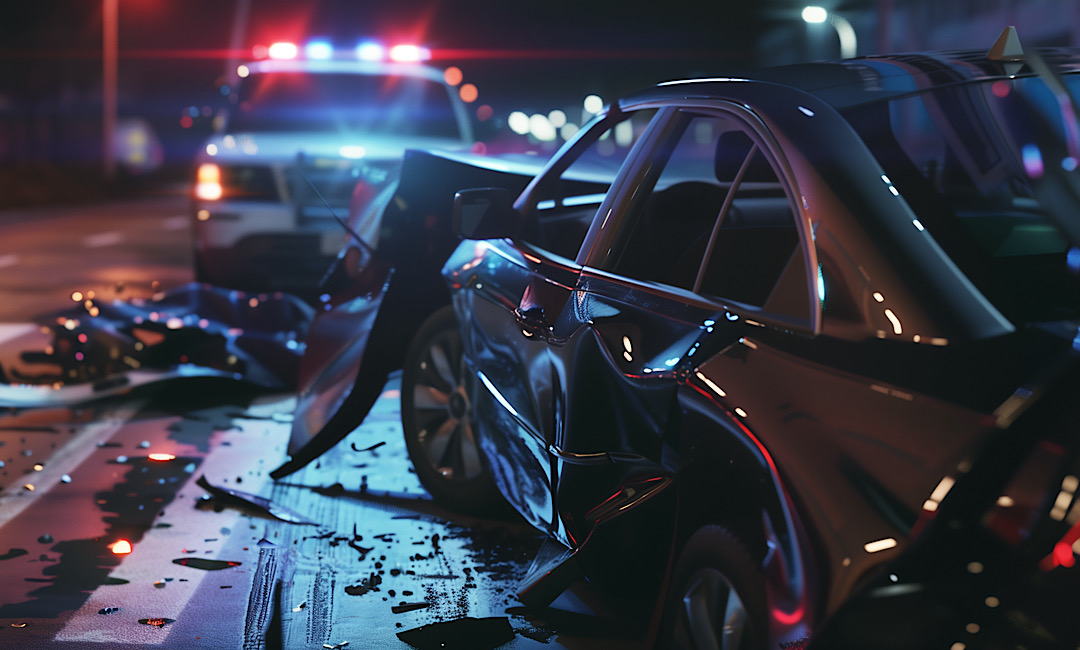 Police and emergency responders at a nighttime car crash caused by a suspected drunk driver in Boise, Idaho