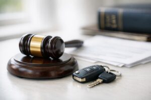 A judge's gavel and car keys on a law office desk, symbolizing legal issues after a fatal car crash in Idaho.
