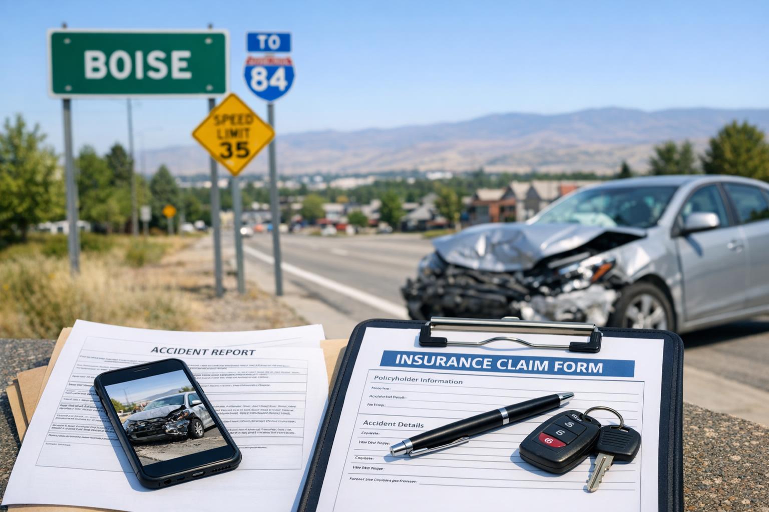 Stock photo of a damaged car and insurance paperwork on a Boise street, representing uninsured motorist coverage after an accident in Idaho.